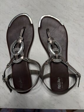 Mossimo Supply Co. Metallic Silver Rope-Tie T-Strap Sandals with Brown Footbed